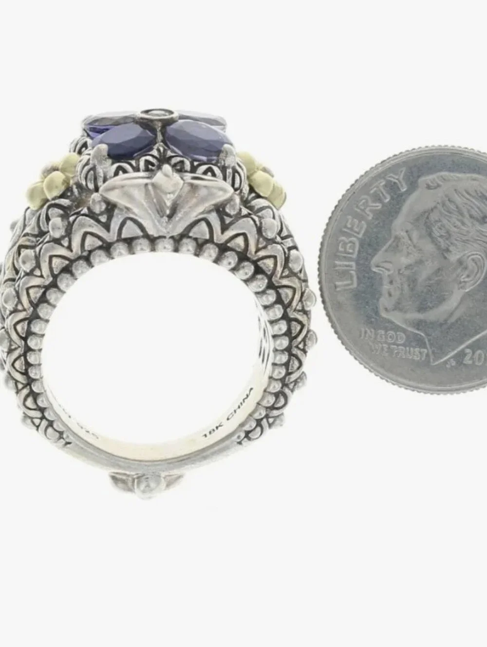 Barbara Bixby Sz 10 Sterling Silver Floral Iolite Ring with 18k Gold Accents